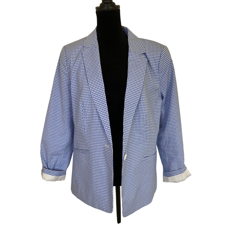 Talbots Petite Blue White Gingham Single Button Blazer Jacket 12P Cotton Stretch